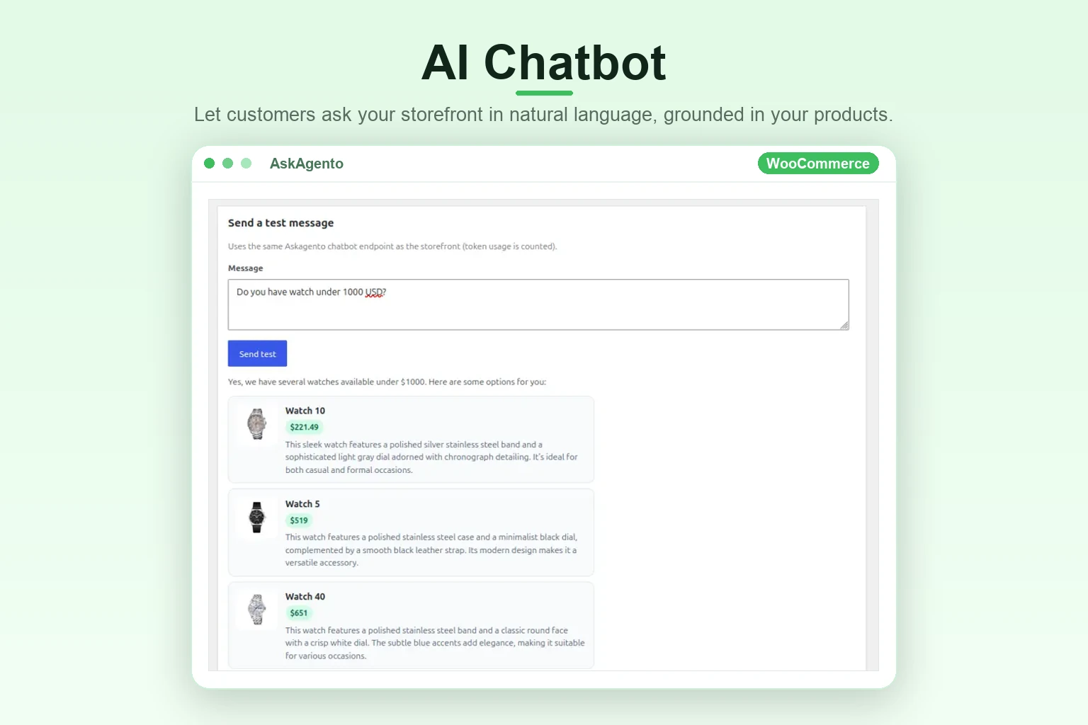 AskAgento storefront AI chatbot test with product-aware replies