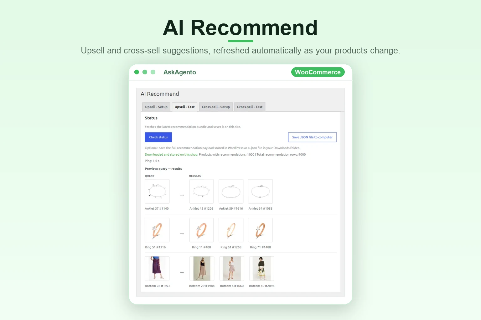 AI upsell and cross-sell recommendations preview in the AskAgento plugin
