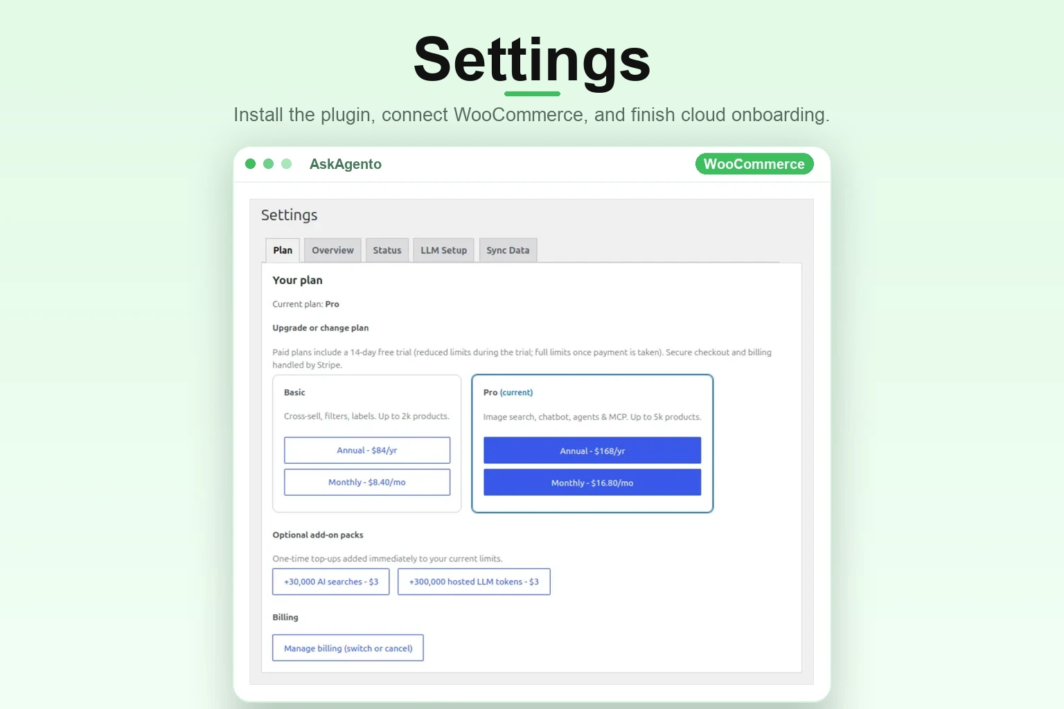 AskAgento plugin settings and WooCommerce onboarding
