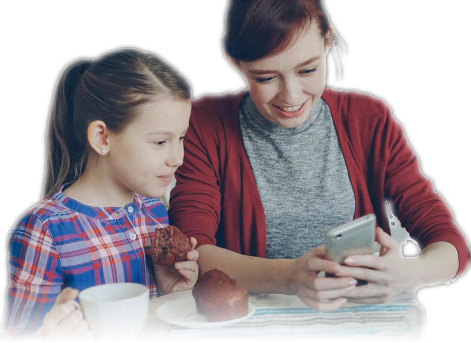 Mother and daughter filtering kids' shoes on a phone